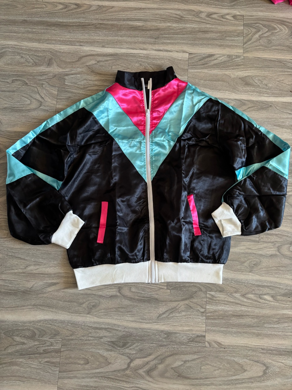 Retro Black Satin Colorblock Puffer Jacket with Teal & Pink Accents